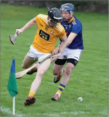  ??  ?? Wicklow’s Gary Byrne puts pressure on Antrim’s James McNaughton.