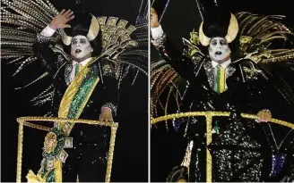  ?? Pedro Teixeira/ Agência O Globo Glaucon Fernandes/Eleven ?? Destaque da Tuiuti, à esq., com a faixa no desfile no Carnaval e, à dir., na festa das campeãs