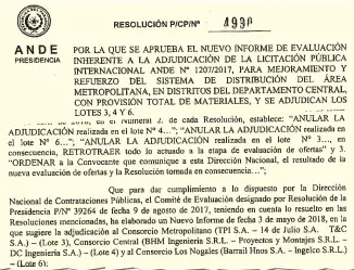  ??  ?? Facsímil de la resolución por la cual la ANDE adjudica tres lotes del millonario llamado a consorcios paraguayos.