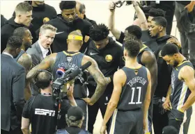  ?? Scott Strazzante / The Chronicle ?? Warriors head coach Steve Kerr talks to his team before Game 4 of the NBA Finals. The Warriors face a 3-1 deficit in their bid for a third straight NBA title.