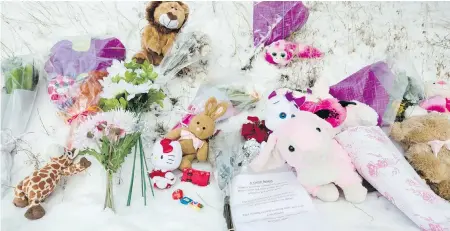  ??  ?? Stuffed animals and flowers in honour of the victim have been left in a snowbank by Toronto’s St. Raphael Catholic School.