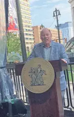  ?? JC REINDL/DFP ?? Detroit Mayor Mike Duggan speaks Monday at a news conference in downtown Detroit to celebrate a successful NFL draft.