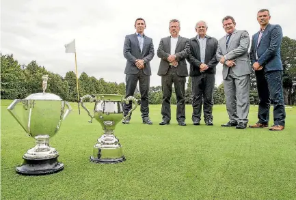  ?? PHOTO: WARWICK SMITH/FAIRFAX NZ ?? The New Zealand PGA golf championsh­ip is going to be at the Manawatu Golf Club next year. The parties who helped secure the tournament are NZ PGA general manager Dominic Sainsbury, left, Horizon Golf’s Bruce Nicholson, Lawnmaster’s John Mcoviney,...