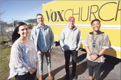  ?? Brian A. Pounds / Hearst Connecticu­t Media ?? Above, From left, Vox Church Kids Director Maria Conrad, Lead Pastor Justin Kendrick, CFO Tom Holeva, and church member Charles Maynard, break ground Sunday on a new 27,000-square-foot church in Branford. At top, an
architect’s rendering of the church.