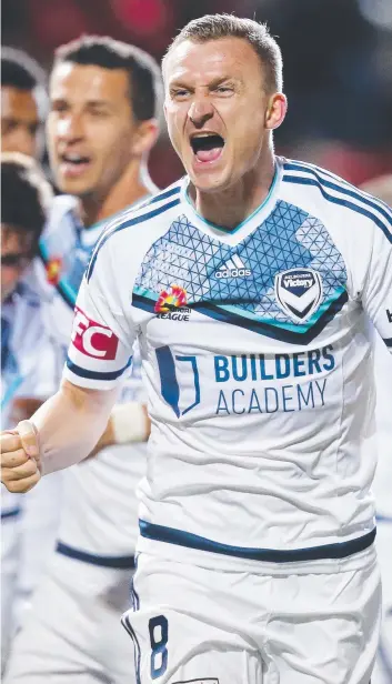  ?? Picture: MORNE DE KLERK/GETTY IMAGES ?? Besart Berisha of the Victory celebrates his goal during the Round 3 A-League match against Adelaide United in Adelaide last night