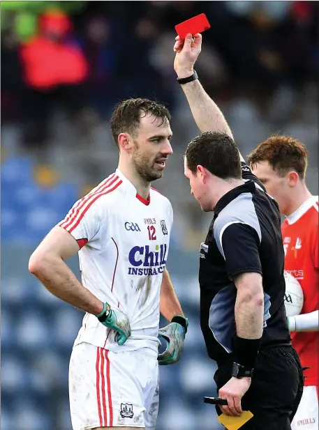  ??  ?? Kevin O’Driscoll of Cork is shown a red card by referee Martin McNally during the Allianz Football League Division 2 Round 3 match between Cork and Louth at Páirc Ui Rinn Photo by Eóin Noonan/Sportsfile