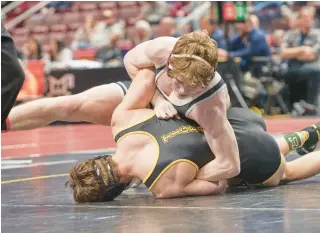  ?? GARRETT/SPECIAL TO THE MORNING CALLCALL DAVID ?? Faith Christian’s Adam Waters, top, beat Northweste­rn Lehigh’s Luke Fugazzotto in the 2A finals in Hershey.