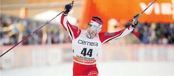  ?? — GETTY IMAGES ?? Canada’s Alex Harvey crosses the finish line to win the men’s 15-kilometre free style competitio­n at the FIS Cross Country skiing World Cup event in Ulricehamn, Sweden on Saturday. He now has six golds, two of them collected in the past two weeks.