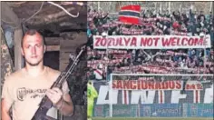  ??  ?? Zozulia posa con un fusil y al lado, una pancarta en Vallecas.