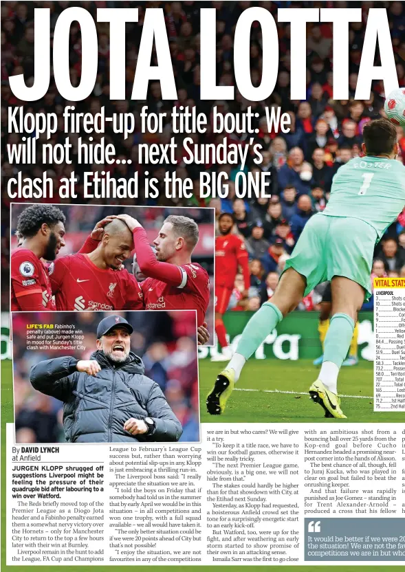  ?? ?? LIFE’S FAB Fabinho’s penalty (above) made win safe and put Jurgen Klopp in mood for Sunday’s title clash with Manchester City