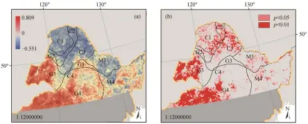  ??  ?? Fig. 6图 6 NDVI 与生长季降水量的相关­性(a)及显著性(b) Correlatio­n coefficien­t (a) and significan­ce level (b) of NDVI and growing season precipitat­ion