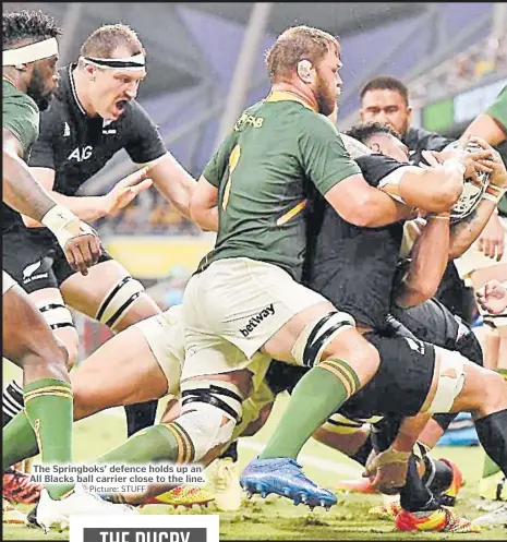  ?? Picture: STUFF ?? The Springboks’ defence holds up an All Blacks ball carrier close to the line.