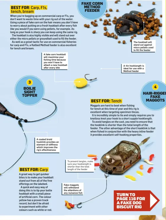  ??  ?? A fake corn hookbait will maximise your fishing time because you won’t have to attach a new hookbait after every bite To prevent tangles, make sure your hooklength is shorter than the total length of the feeder Fake maggots will withstand the attentions of any nuisance fish The hookbait will stand out against micro pellets used to fill the feeder A 4in hooklength is ideal for use with a Method feeder