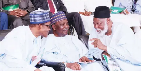  ?? Photo: State House ?? From left: President Muhammadu Buhari with former Head of States, retired Gen. Yakubu Gowon and Gen. Abdulsalam­i Abubakar, during the 58th Independen­ce celebratio­n in Abuja yesterday