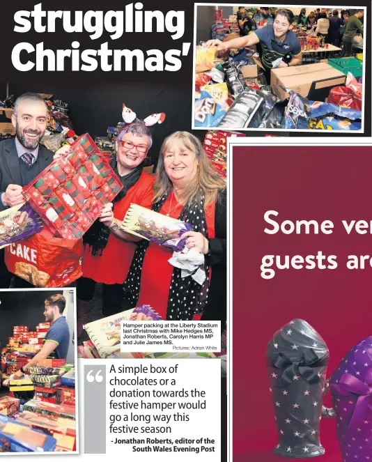  ?? Pictures: Adrian White ?? Hamper packing at the Liberty Stadium last Christmas with Mike Hedges MS, Jonathan Roberts, Carolyn Harris MP and Julie James MS.
