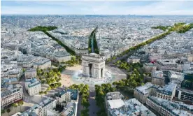  ?? ?? A computer-generated image of plans to make the Arc de Triomphe area more pedestrian-friendly, and turn the Champs-Élysées into an ‘extraordin­ary garden’.