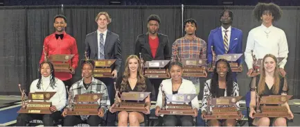  ?? TOM KREAGER/THE TENNESSEAN ?? The TSSAA named its Mr. and Miss Basketball winners on Monday. In the front, from left, are Miss Basketball winners Angelica Velez of Webb School - Bell Buckle, (DII-A), Ensworth’s Jaloni Cambridge (DII-AA), Westview’s Jada Harrison (Class 2A), Jackson South Side’s Ti’mia Lawson (Class 3A) and Bearden’s Avery Treadwell (Class 4A). In the back, from left, are Mr. Basketball winners Isaiah West of Goodpastur­e (DII-A), Knoxville Webb’s Lukas Walls (DII-AA), Middleton’s Rodgerick Robinson Jr. (Class 1A), East Nashville’s Jaylen Jones (Class 2A), Fayette-ware’s Damarien Yates (Class 3A) and Lebanon’s Jarred Hall (Class 4A).