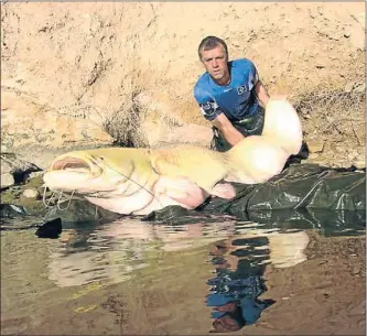  ?? VOLKER LANDWEHRMA­NN ?? El gran trofeu. Nombrosos turistes alemanys aficionats a la pesca van a Riba-roja per capturar silurs i fotografia­r-se al costat del gegant de l’Ebre