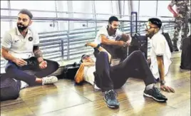  ?? TWITTER ?? (From left) India captain Virat Kohli, MS Dhoni, KL Rahul and Hardik Pandya at the Chennai airport while waiting for their flight to Kolkata on Monday.