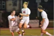  ?? AUSTIN HERTZOG - DIGITAL FIRST MEDIA ?? Owen J. Roberts’ Noah Greenspan (48) celebrates after scoring the go-ahead goal in the Wildcats’ 2-1 win at Boyertown Thursday.