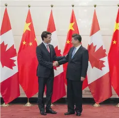  ?? ADRIAN WYLD / THE CANADIAN PRESS ?? Prime Minister Justin Trudeau meets with Chinese President Xi Jinping in Beijing in August. Trudeau will return to China this weekend.