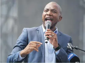  ??  ?? CALLING OUT. Mmusi Maimane, leader of the DA, talks at the Freedom Movement rally in Pretoria. Opposition parties and civil society movements joined together to call for President Zuma to step down.