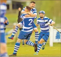  ??  ?? Photograph: Neil Paterson. Celebratin­g the second goal for Newtonmore, Drew Macdonald jumps on his team captain Steven Macdonald.