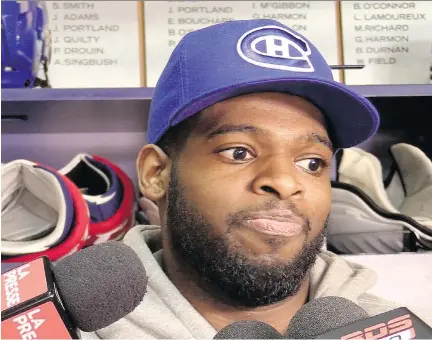  ?? JOHN KENNEY / MONTREAL GAZETTE ?? Montreal Canadiens defenceman P.K. Subban speaks to reporters Thursday about his slash on Mark Stone.