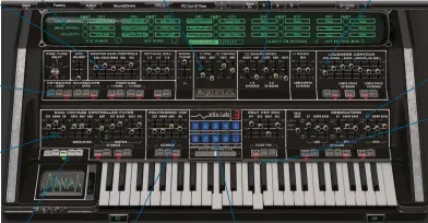  ??  ?? MODULATION­S Assign up to 15 mono and polyphonic modulation pairings MASTER GAIN CONTROLS Mix the outputs of PolyM’s four filters WAVESHAPE Select square, saw or both for PolyM’s two oscillator­s 24dB VCF A globall low-pass filter for Upper, Lower or...