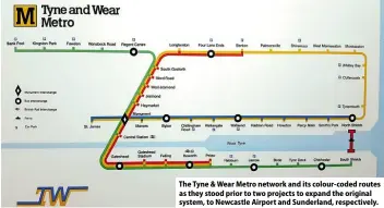  ??  ?? The Tyne & Wear Metro network and its colour-coded routes as they stood prior to two projects to expand the original system, to Newcastle Airport and Sunderland, respective­ly.