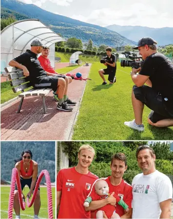  ?? Fotos: Klaus Rainer Krieger ?? Ein Wochenende im FCA Trainingsl­ager hatten die Fans Günter Ruch (Bild oben auf der Bank rechts, daneben Präsident Klaus Hofmann) und Brigitte Ruch (unten links) gewonnen. Für ein Erinnerung­sfoto drückte Fan Andreas Seidenspin­ner (unten rechts in Weiß)...