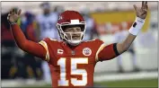  ?? REED HOFFMANN — THE ASSOCIATED PRESS ?? Kansas City Chiefs quarterbac­k Patrick Mahomes celebrates at the end of the AFC championsh­ip game against the Buffalo Bills on Sunday in Kansas City, Mo.