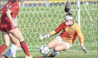  ?? James Franco / Special to the Times Union ?? Guilderlan­d goalie Molly Dicaprio makes one of her eight saves Saturday to help get her fourth shutout of the season.