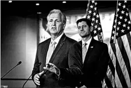  ?? J. SCOTT APPLEWHITE/AP ?? Rep. Kevin McCarthy, left, has won the endorsemen­t of outgoing Speaker Paul Ryan.