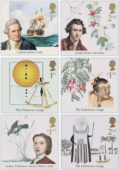  ??  ?? A set of stamps to mark the 250th anniversar­y of Captain James Cook’s first voyage on HMS Endeavour includes original drawings and paintings of indigenous people, landscapes and the flora and fauna of the South Pacific which astounded the scientific...