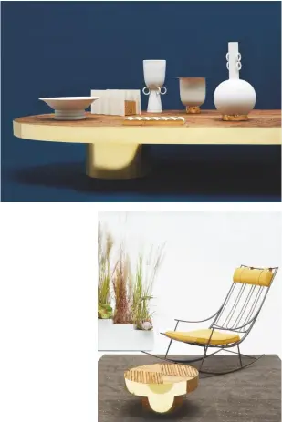  ??  ?? THE RANGE ALSO INCLUDES CERAMIC TABLEWARE (LEFT) AND A CONCRETE PLANTER, DARK WOOL CARPET, SMALL TABLE AND METAL ROCKING CHAIR (BELOW LEFT)