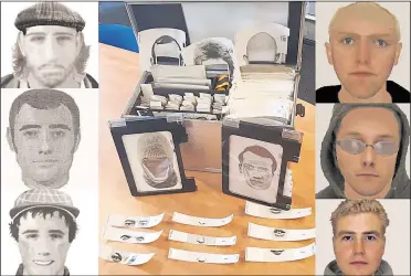  ??  ?? A look at the changing face of e-fit pictures over the last 20 years; centre, the equipment use to create the images before 2001