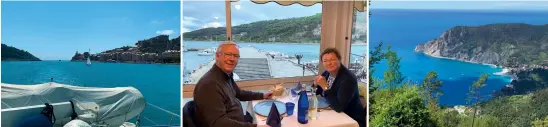  ??  ?? F R O M LEFT Looking back at the narrow strait leading to La Spezia. Thomas and Jutta enjoy an Italian meal with a view. The hills overlookin­g the coastline make for some spectacula­r walking and driving excursions