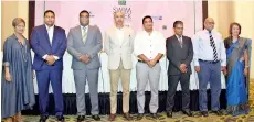  ??  ?? Ajai Vir Singh (centre) at the Colombo Swim Week news conference on Thursday with partners and sponsors. Pic by Indika Handuwala