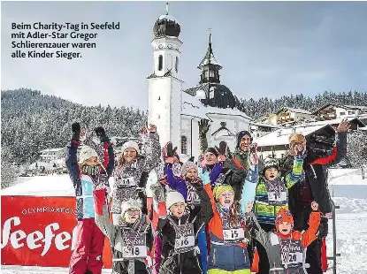  ??  ?? Beim Charity-Tag in Seefeld mit Adler-Star Gregor Schlierenz­auer waren alle Kinder Sieger.