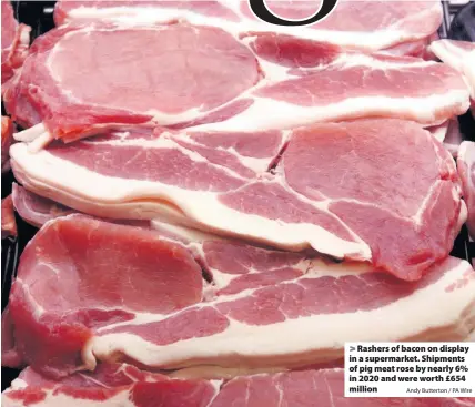  ?? Andy Butterton / PA Wire ?? Rashers of bacon on display in a supermarke­t. Shipments of pig meat rose by nearly 6% in 2020 and were worth £654 million