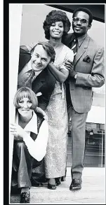  ??  ?? RACE ISSUES l-r Kate Williams, Jack Smethurst, Nina Baden-Semper and Rudolph Walker in Love Thy Neighbour