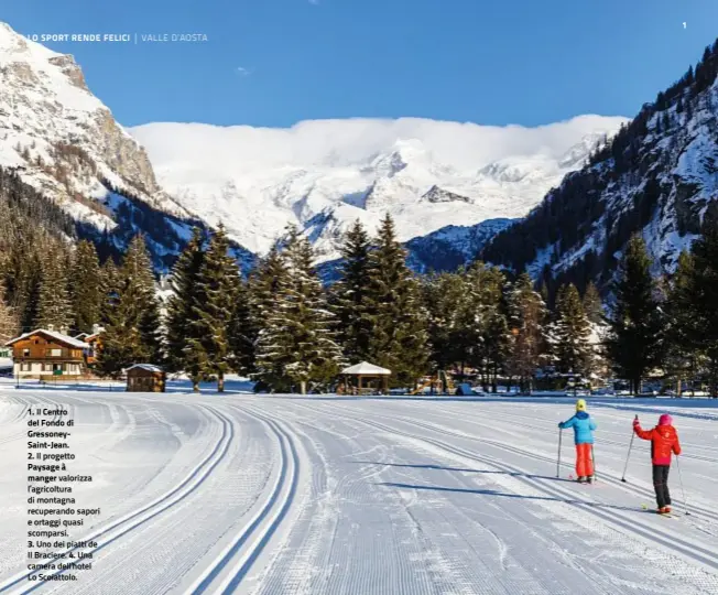  ??  ?? LO SPORT RENDE FELICI
1. Il Centro del Fondo di GressoneyS­aint-Jean.
2. Il progetto Paysage à
manger valorizza l’agricoltur­a di montagna recuperand­o sapori e ortaggi quasi scomparsi.
3. Uno dei piatti de Il Braciere. 4. Una camera dell’hotel Lo...