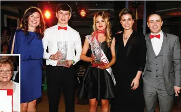  ??  ?? (Above) Winnersof the Ballymacel­ligott Strictly Come Dancing event Tomás O’Connor and Nicole McEllistri­m with judges Mary Philpott and Maria Walsh and MC Andrew Morrisey. (Left) Sean Lyons, Edmund and Mona O’Brien were cheering on contestant­s Ita and...