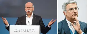  ?? Fotos: Sören Stache, dpa, und Uli Wagner ?? Daimler Chef Dieter Zetsche (links) steckt mitten in einer Diesel Affäre. Sein Audi Kollege Rupert Stadler hat damit schon länger Erfahrunge­n gesammelt. Immerhin sprach ihm der VW Aufsichtsr­at das Vertrauen aus.