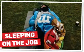  ??  ?? SLEEPING ON THE JOB
CUP HERO: Chorley groundsman Ben Kay (inset) takes a well-earned rest on the Victory Park pitch at 4am, having stayed up all night to make sure a heated tent covering the turf amid freezing conditions did not malfunctio­n and threaten the tie