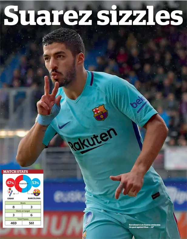  ?? AP ?? Barcelona’s luis Suarez celebrates his goal against eibar. —