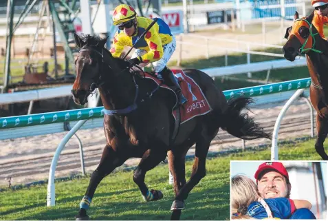  ?? Pictures: STEWART McLEAN ?? EXCITING VICTORY: Desert Cowboy with jockey Quayde Krogh aboard takes out Race 7, the Lightning Handicap, on Cairns Cup Day. INSET: Trainer’s son Peter Rowe celebrates the win.