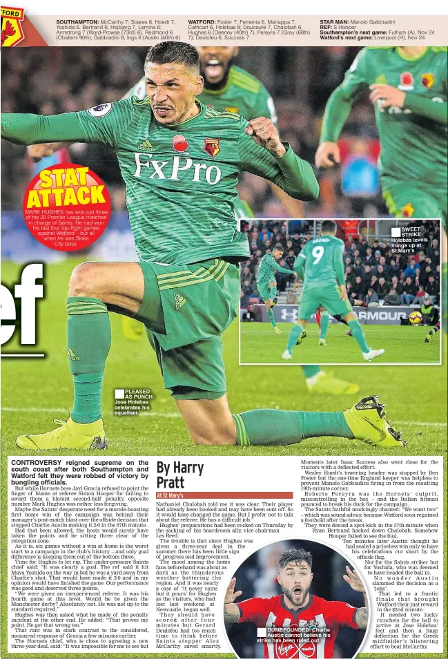  ??  ?? SOUTHAMPTO­N: ■ PLEASED AS PUNCH: Jose Holebas celebrates his equaliser STAR MAN:REF: Southampto­n’s next game: Watford’s next game: ■DUMBFOUNDE­D: Charlie Austin cannot believe his strike has been ruled out ■SWEET STRIKE: Holebas levels things up at St Mary’s