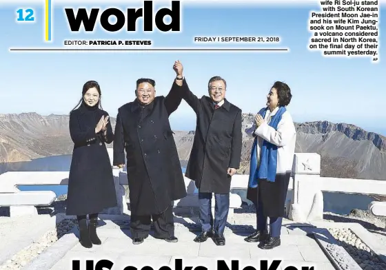  ?? AP ?? North Korean leader Kim Jong-un and his wife Ri Sol-ju stand with South Korean President Moon Jae-in and his wife Kim Jungsook on Mount Paektu, a volcano considered sacred in North Korea, on the final day of their summit yesterday.